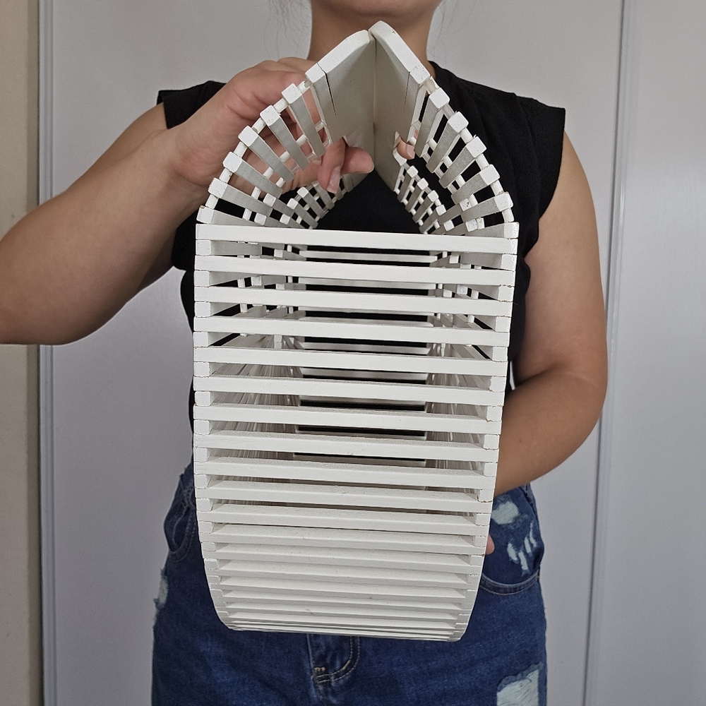 Vintage Bamboo Ark Handbag Retro White Half Moon Structured Beach Minimalist - Picture 6 of 16